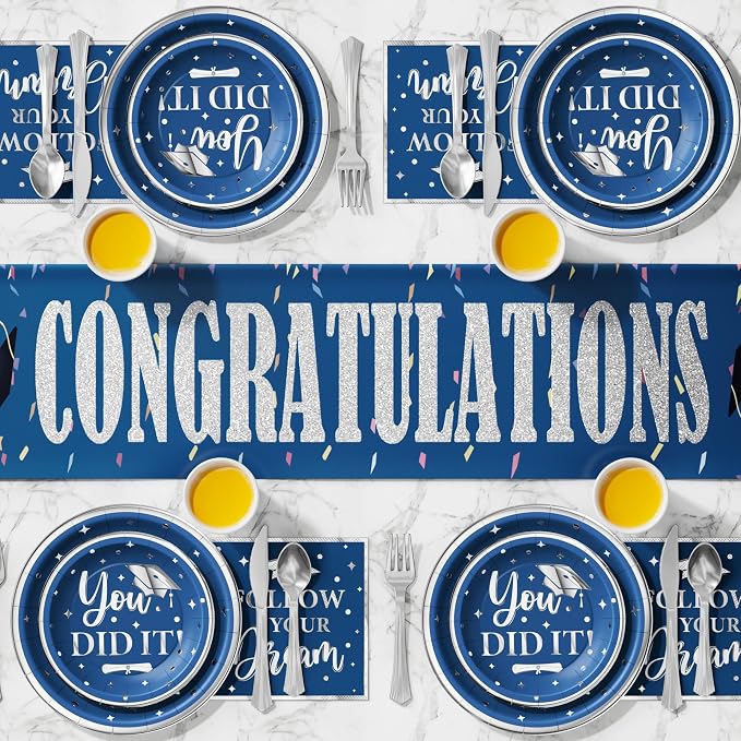 Graduation Decoration Class of 2026, 175PCS Graduation Party Supplies for College High School Disposable Dinnerware(Serve 25) with Paper Plates Cup Napkin Fork Knife Spoon (Navy Blue & Silver)
