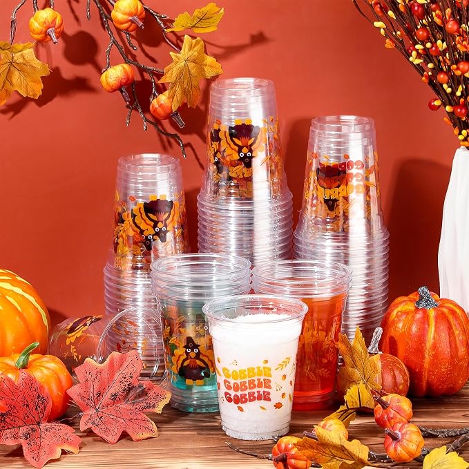 Meanplan 100 Pcs Thanksgiving Plastic Cups Bulk 12oz Fall Disposable Cups Autumn Pumpkin Leaf Turkey Clear Drinkware Tumblers Coffee Juice Wine Glasses Harvest Wedding Party Supplies(Turkey)
