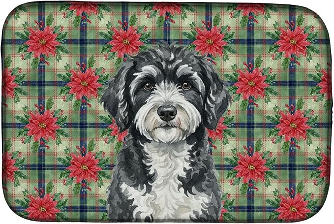 Caroline's Treasures Portuguese Water Dog Christmas PoinsettIas Dish Drying Mat Absorbent Dish Drying Mat Pad for Kitchen Counter Dish Drainer Mat for Countertop, 14 x 21", Multicolor