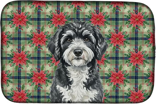 Caroline's Treasures Portuguese Water Dog Christmas PoinsettIas Dish Drying Mat Absorbent Dish Drying Mat Pad for Kitchen Counter Dish Drainer Mat for Countertop, 14 x 21", Multicolor