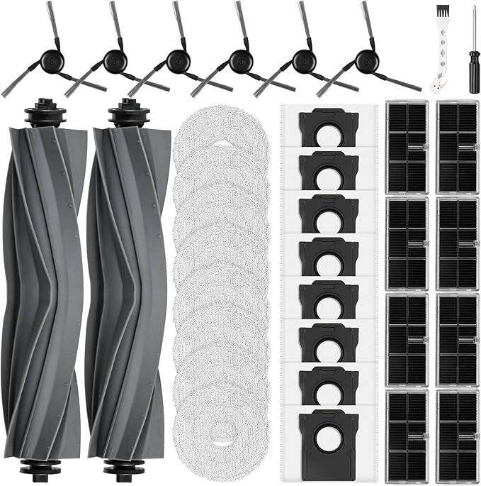 34Pcs Accessories Kit for Dreame L40 Ultra Gen 2/ X40 Ultra/Master/Mova P10/ P50 Pro Ultra Robot Vacuum&Mop, 2Rubber Brush, 8Dust Bags, 8Filters, 8Mop Pads, 6Side Brushes, 1Clean Brush, 1Screwdriver