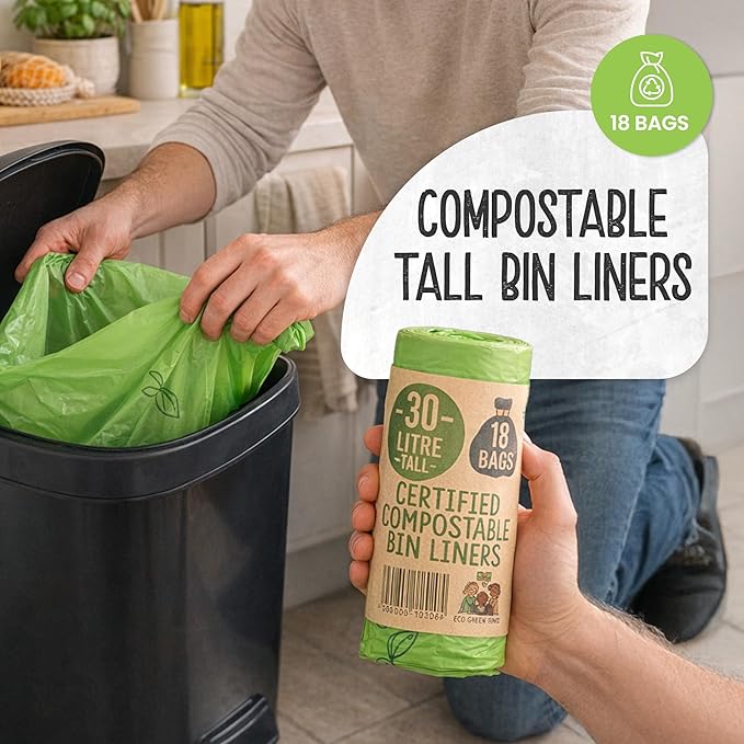Eco Green Living 100% Compostable Biodegradable Bin Liners 30L Bin Bags For Food Waste, Kitchen Tall Bin Liners, Vegan, Strong, Leakproof, BPA Free, Recyclable, 6 Rolls, 108 Bags