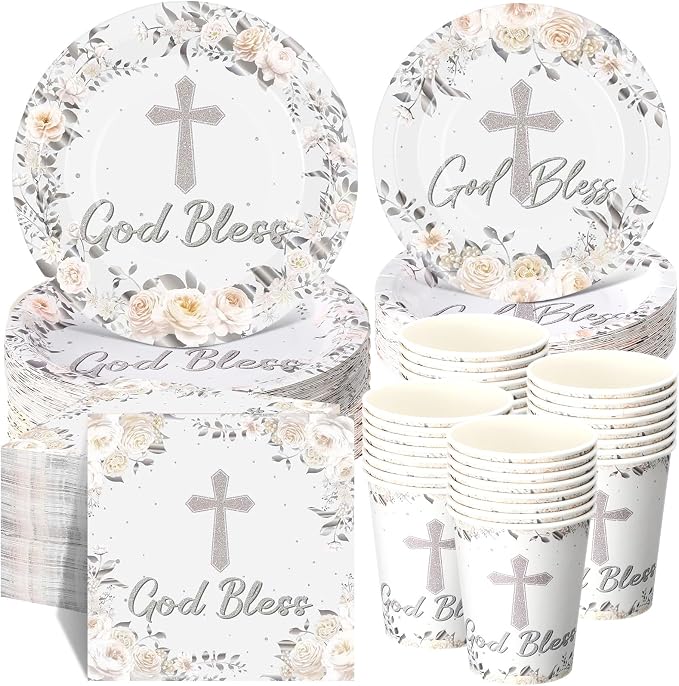 Pickmesh 250 Pcs Silver Baptism Cross Disposable Tableware Set Confirmation Baptism Disposable Paper Plates Napkins Cups for First Holy Communion Christening Baby Shower Religious Supplies, Serve 50