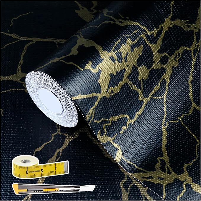 2-Layer Drawer and Shelf Liner for Kitchen Cabinet: 17.3in X 20Ft Non Slip Waterproof Shelf Paper Non Adhesive Refrigerator Liners Black/Gold Marble Easy Liners for Bathroom with Knife Tape Measure