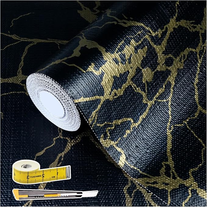 2-Layer Drawer and Shelf Liner for Kitchen Cabinet: 12in X 30Ft Non Slip Waterproof Shelf Paper Non Adhesive Refrigerator Liners Black/Gold Marble Easy Liners for Bathroom with Knife Tape Measure