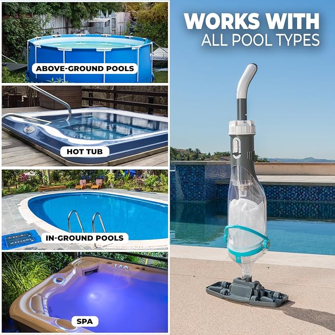 XtremepowerUS Pool Vacuum for Above Ground Pool with Telescopic Pole, Running Time Up to 60min, Handheld Rechargeable Pool Cleaner Powerful Suction Up to 18.5 gallons/min, Ideal for Leaves & Debris