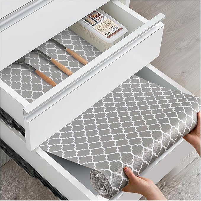 Drawer and Shelf Liner, Non-Slip Kitchen Cabinet Liners Non-Adhesive Thick Strong Grip Waterproof Washable Mats Protect Dresser Shelves Cupboard Bathroom Cabinets, Gray, 18 in X 10 FT