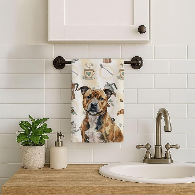 Caroline's Treasures Brindle Staffordshire Bull Terrier Coffee Bar Kitchen Towel Velour Plush Front and Cotton Loop Back Machine Washable