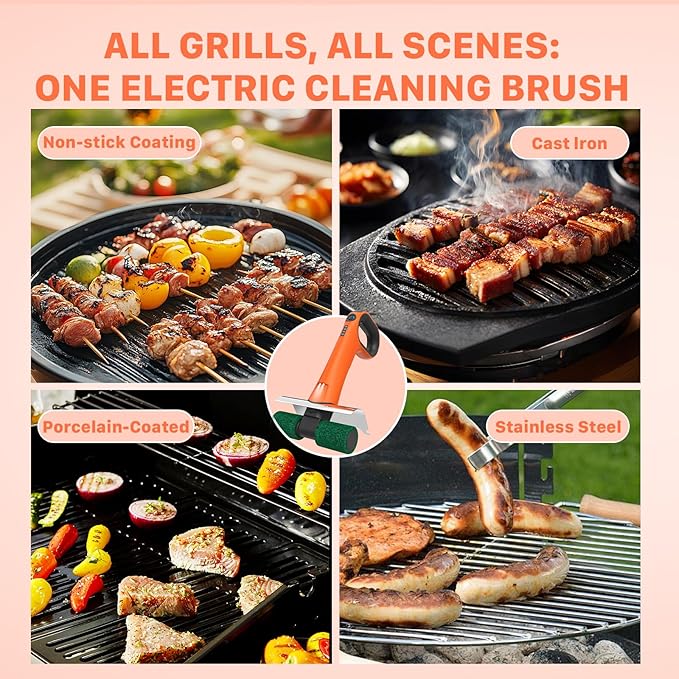 Hillyfe Electric Grill Brush, Bristle-Free Dual Rotating Heads, 450 RPM with LED Light, 120-Minute Runtime, IPX5 Waterproof, 4 Scouring Pads, Extended Handle, Safe for All Kinds of BBQ Grills, Orange