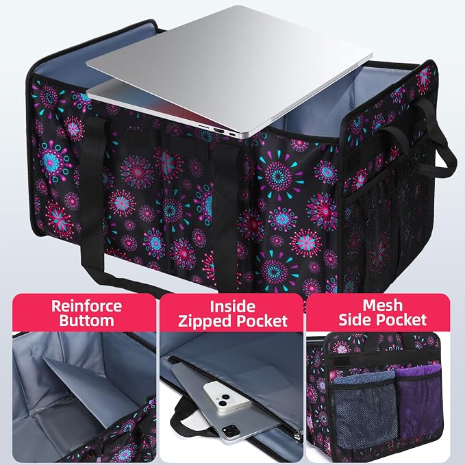 Extra Large Utility Tote Bag with Wire Frame Collapsible Reusable Grocery Bags Heavy Duty Shopping Bags for Groceries with Handles Trunk Organizer for Beach Car Picnics Camping Laundry