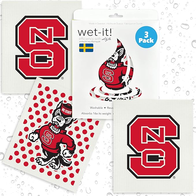 Wet-It! North Carolina State- 3 Pack Swedish Dishcloths- Reusable Kitchen Towel for Dishwashing and Home Cleaning- Eco-Friendly Alternative to Paper Towels and Wipes- Machine Washable and Dryer Safe
