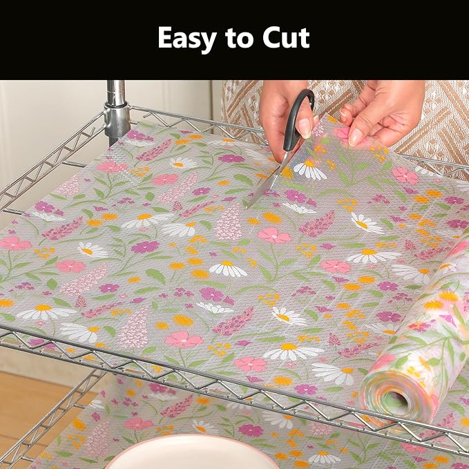 INNOLITES Shelf Liner for Kitchen Cabinets, Non-Adhesive Drawer Liner, Waterproof Washable EVA Floral Pattern, Protect Dresser Cupboard Refrigerator Shelves (Sage Wildflower, 23.6" x 360")
