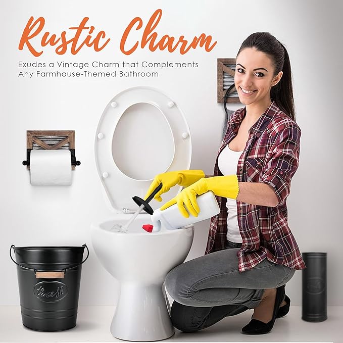 Autumn Alley Farmhouse Bathroom Trash Can and Toilet Brush Set - Rustic Bathroom Accessories for Charming Bathroom Décor, Matte Black Heavy Gauge Metal