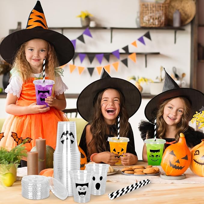 Whaline 60 Pcs Halloween Disposable Plastic Cups with Lids and Straws 12 oz Vampire Monster Ghost Pumpkin Cold Beverage Drinking Cups for Birthday Party Favors