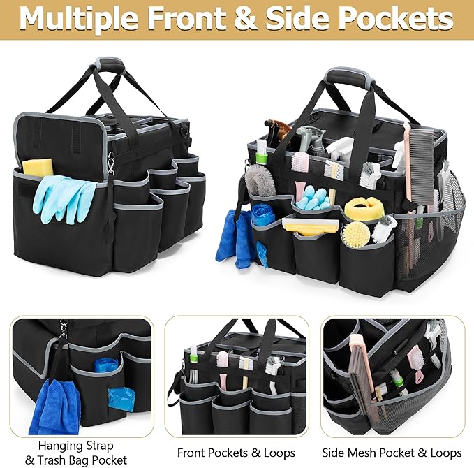 HODRANT Large Cleaning Caddy with Detachable Trolley & Shoulder Strap, Cleaning Supplies Bag with Handles & Support Plates, Cleaning Product Rolling Organizer for Car Wash and Housekeeping