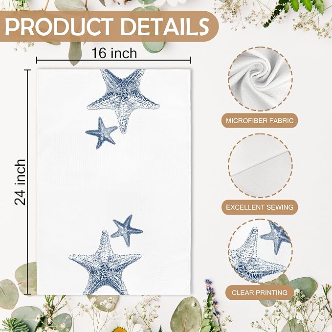 Coastal Starfish Beach Decor Dish Hand Tea Towels for Bathroom Kitchen, Blue Starfish Ocean Nautical Beachy Bathroom Decor, Coastal Nautical Kitchen Towels and Dishcloths Sets of 2, 16x24Inch