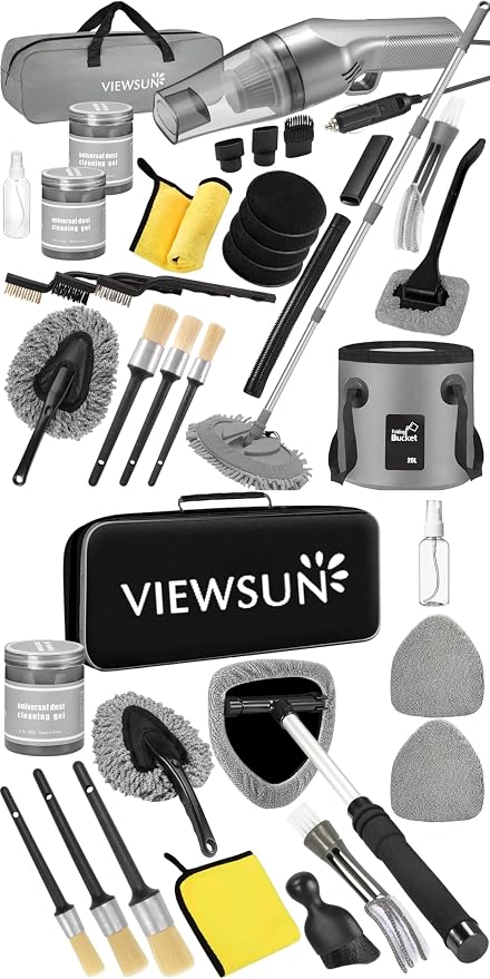 Car Cleaning Kit with High Power Handheld Vacuum, Car Wash Mop with Long Handle, Bucket, Detailing Brush Set, Windshield Cleaner, Complete Interior Exterior Washing Supply for Men Women