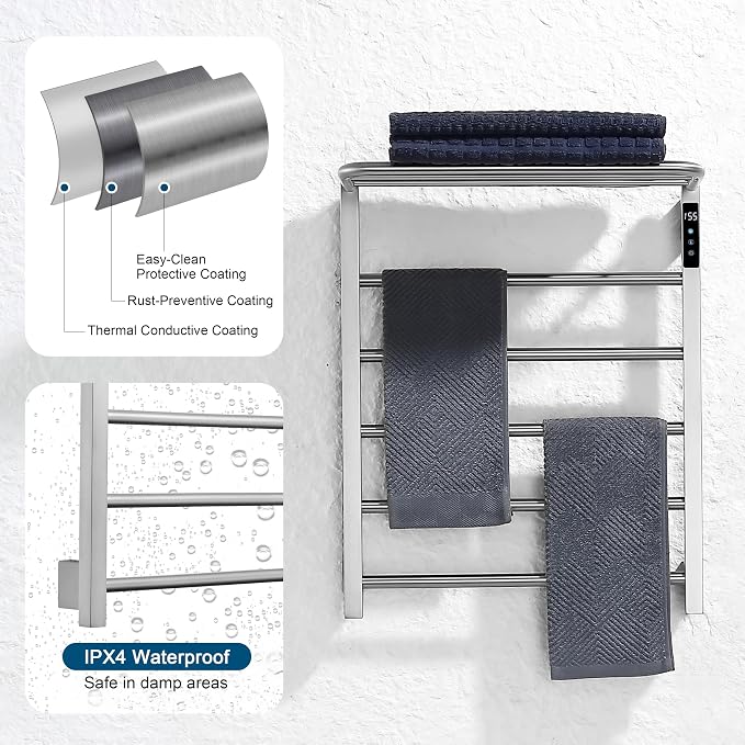 Heated Towel Racks for Bathroom, Hot Towel Warmer with 24hr Timer Stainless Steel Wall Mounted Electric Towel Warmers for Bathroom (Nickel, 5-Bar)