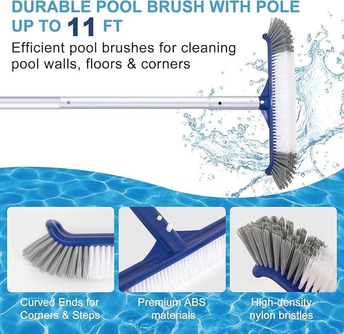 POOLAZA Pool Cleaning Kit, Including Pool Brush & Ultra Fine Mesh Pool Skimmer Net with Pole, Pool Net Skimmer & 17.5'' Pool Brush Head with 10.5ft Aluminum Pool Pole, Pool Net and Brush with Pole