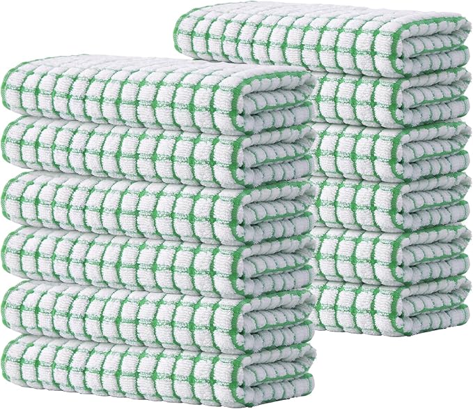 Kitinjoy Cotton 12 Pack Terry Kitchen Towels, 16 x 25 Inches Super Soft and Absorbent Dish Towels, Quick Drying Hand Towels for Kitchen Drying, Green