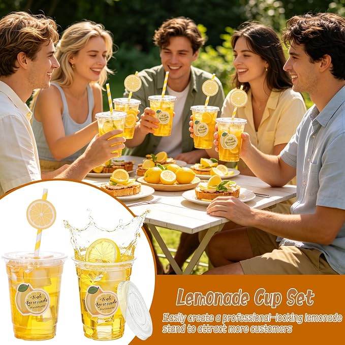 100Pcs Lemon Disposable Plastic Cups with Lids and Straws, 12Oz Party Cups Lemon Cold Beverage Drinking Cups with Stickers for lemonade Stand Supplies Summer Iced Coffee Smoothie Juice Tea