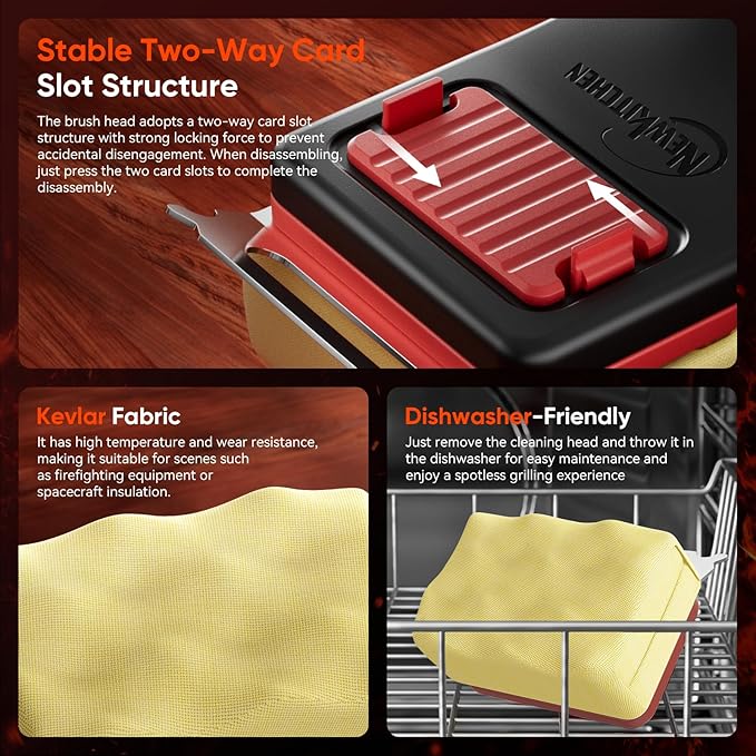 NEWKITCHEN Grill Brush Bristle-Free Steam Cleaning, BBQ Brush Replaceable Heat-Resistant Kevlar Head with Grill Scraper Safe Barbecue Grill Cleaner for All Grill Types (2 Pack Cleaning Head)