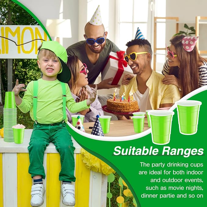 Lounsweer 100 Pcs 16 oz Disposable Party Cups Plastic Heavy Duty Drinking Water Cups for Birthday Baby Shower Wedding BBQ Picnic Party Supplies(Fluorescent Green)