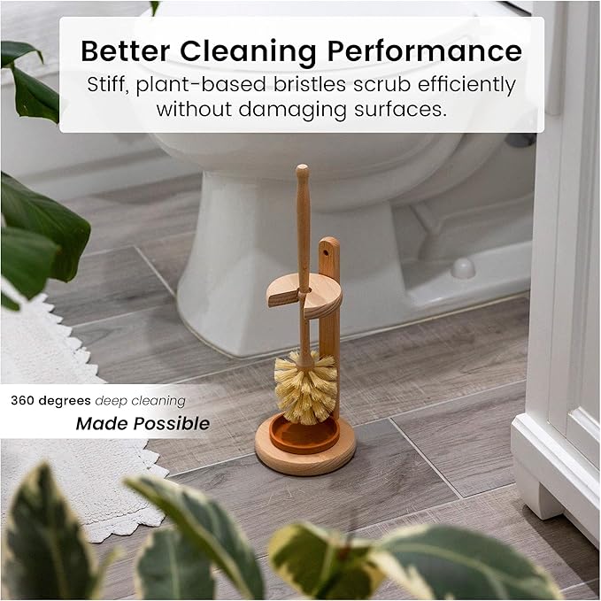 ELDR Supply Toilet Bowl Cleaner Brush with Holder, 14 Inch Extra Long German Beechwood Handle, Strong Hemp Bristles, Ceramic Drip Tray, Biodegradable