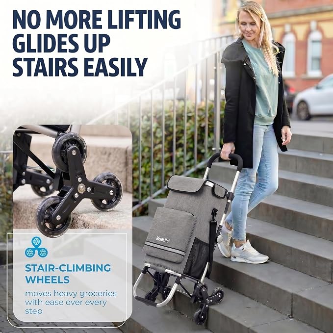 Stair Climbing Cart - Shopping Cart with Wheels for Stairs, Foldable Tri-Wheel Grocery Cart for Seniors & Apartments, 55L Bag with Insulated Cooler, Adjustable Handle, 110 Lbs, Waterproof