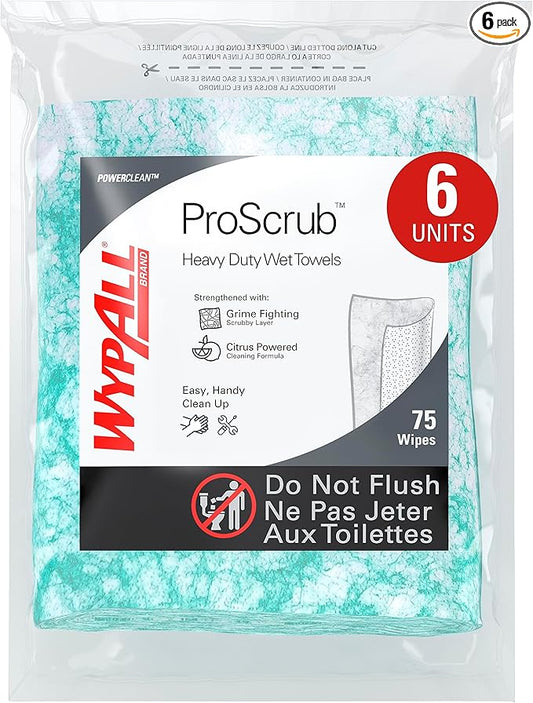 WypAll PowerClean ProScrub Heavy Duty Wet Towels (91367), Dual Action Cleaning, Large 9.5" x 12" Wipes, Refill Only (6 Packs of 75 Sheets, 450 Sheet Total)