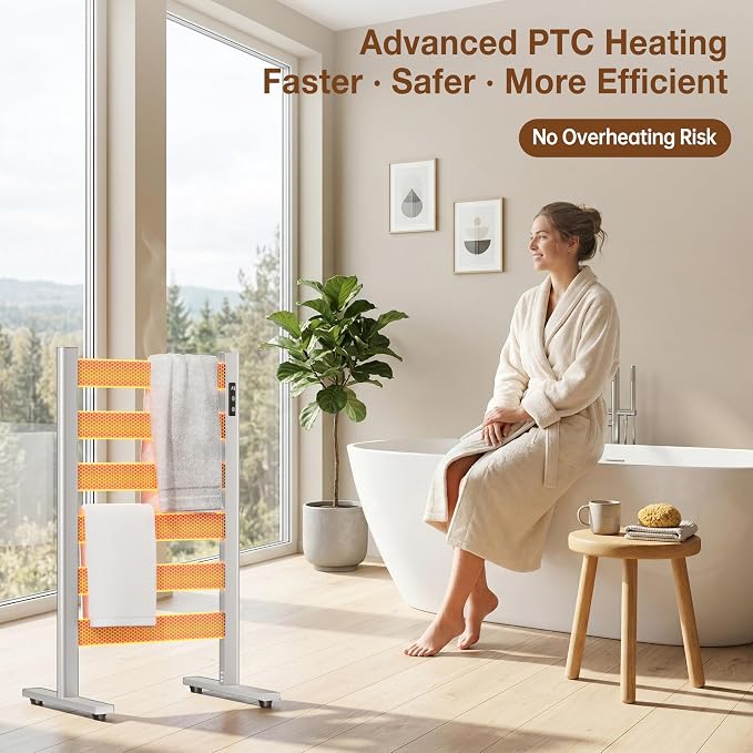 Heated Towel Rack – Rapid PTC Heating, LED Timer Control, High Temp & Large Capacity – 6 Bars Premium Freestanding Bathroom Towel Warmer,Matte White