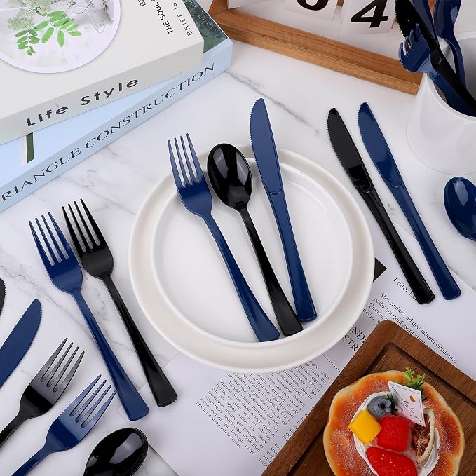 Kochorie 300Pcs Black & Blue Graduation Disposable Plastic Silverware, Heavy Duty Cutlery Set, Premium Flatware Include Forks Knives Spoons for Graduation Party Supplies & Congrats Grad Events