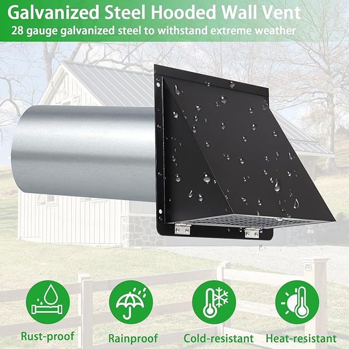 3 Inch Dryer Vent Cover Outside,Hooded Wall Vent with Screen and Damper,3" Exterior Vent Cover Dryer Exhaust Vent Cover,Metal Dryer Vent Hood Cap for Outdoor Dryer Duct/Range Hood/AC Air Vent-Black