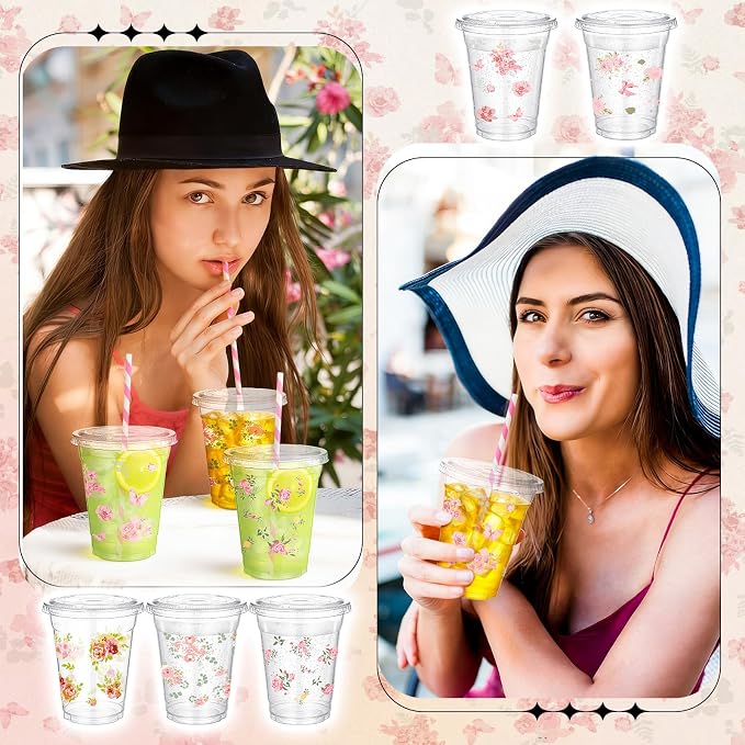 FoldTier 100 Pcs 12 oz Pink Floral Plastic Cups with Lids and Straws - Tea Party Disposable Cold Drink Cups for Baby Bloom Baby Shower, Love in Bloom Bridal Shower, Flower Graduation Party Decoration
