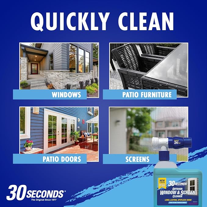 30 SECONDS Outdoor Window & Screen Concentrated Cleaner for Glass, Patio Doors, Fiberglass, Furniture - No Screen Removal Required, Spray & Rinse - Hose End Spray Attachment (5 PACK)