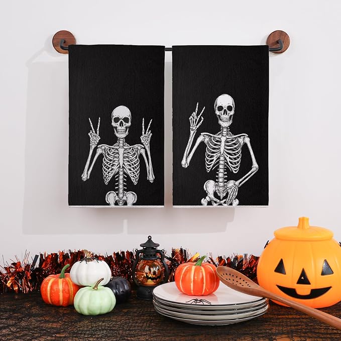 Halloween Kitchen Towels 18x26 Inch Set of 2, Skeleton Spooky Halloween Dish Towels Seasonal Holiday Farmhouse Home Party Decoration
