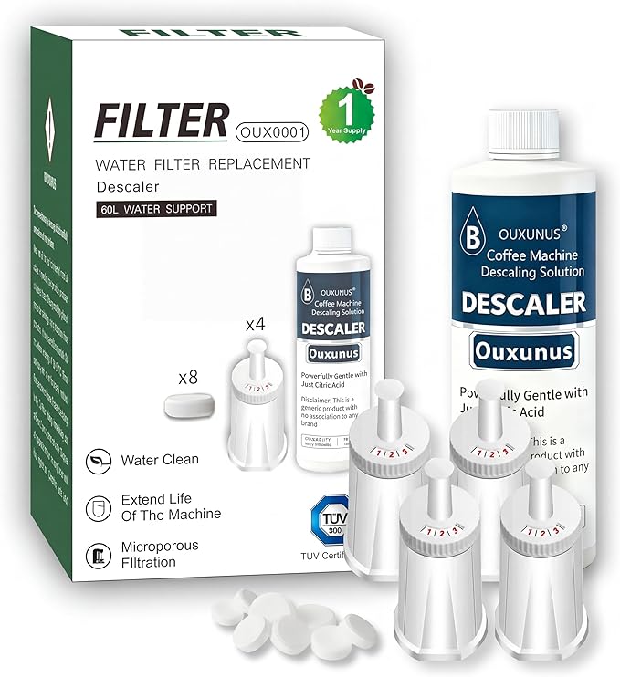 4-Pack Water Filter & 16.9 fl oz Descaler Kit, Compatible with Breville Barista Touch BES880, Barista Pro BES878, Oracle BES980 & More Espresso Machines, 4-Use Descaling Solution (4)