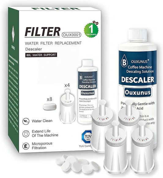4-Pack Water Filter & 16.9 fl oz Descaler Kit, Compatible with Breville Barista Touch BES880, Barista Pro BES878, Oracle BES980 & More Espresso Machines, 4-Use Descaling Solution (4)
