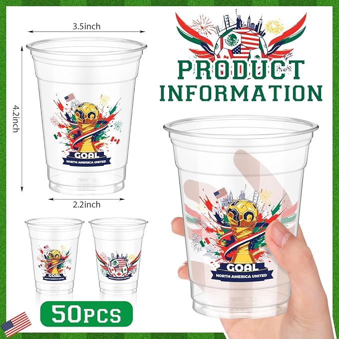 Jingmore 50 Pcs Soccer Plastic Cups 12 oz International Countries Soccer Disposable Plastic Cups Thick Clear Drinkware for Sports Games Party Supplies (Goal Trophy)