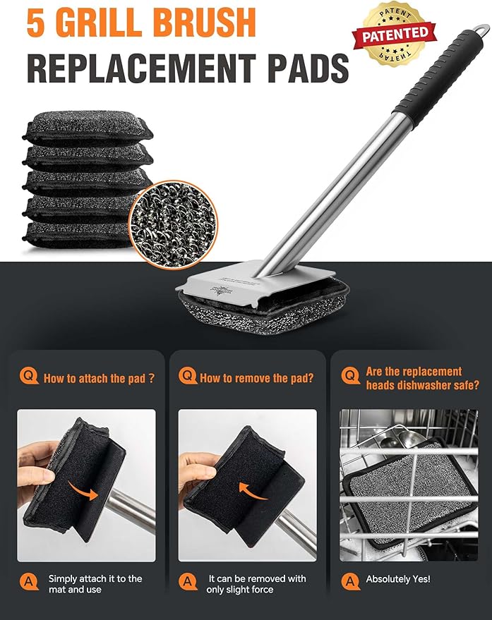 Grill Brush Bristle Free,with 5 BBQ Replacement Head, [Ultra Safe & Efficient] for Cast Iron, Stainless Steel Grates,Grill Cleaner for Outdoor Grill
