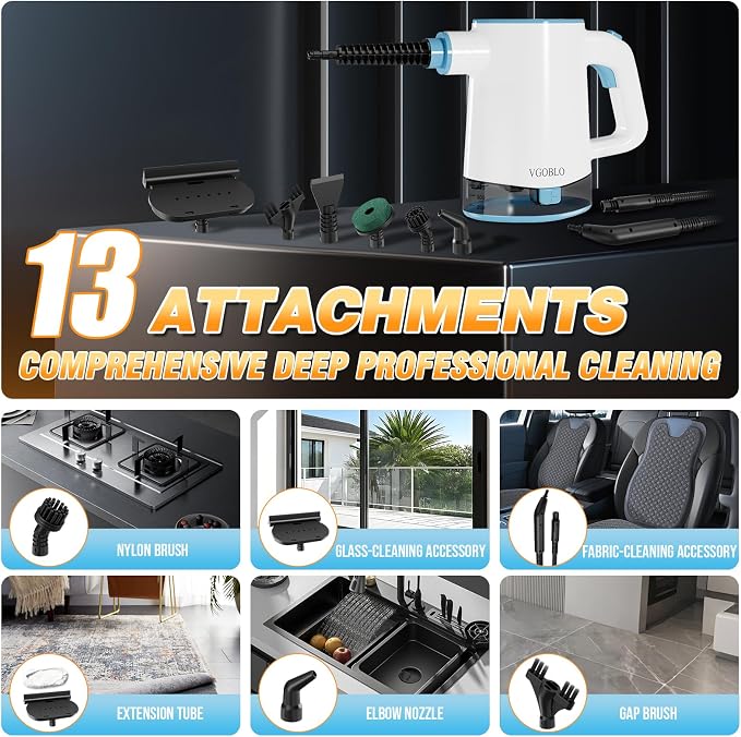 Steam Cleaner, 15s Fast Heat-Up & 500ml Removable Large Water Tank, Pressurized Handheld Steam Cleaner for Home, Multi-Surface Steamer for Cleaning Kitchen, Bathroom, Car, Floor, Furniture