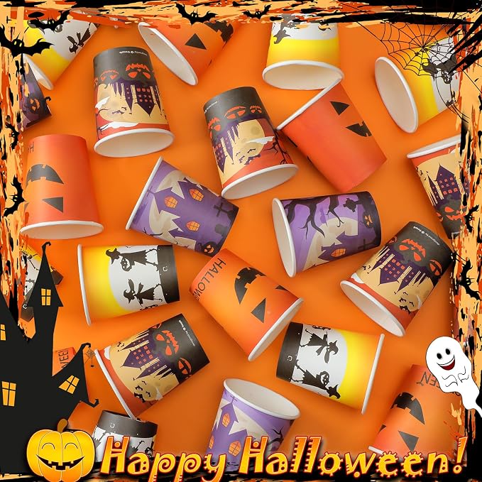 Qeeenar 240 Pcs 9 oz Halloween Disposable Paper Cups, Witch Design, Cylindrical Shape, Hot Drinks, Purple & Orange Colors, Halloween Party Supplies