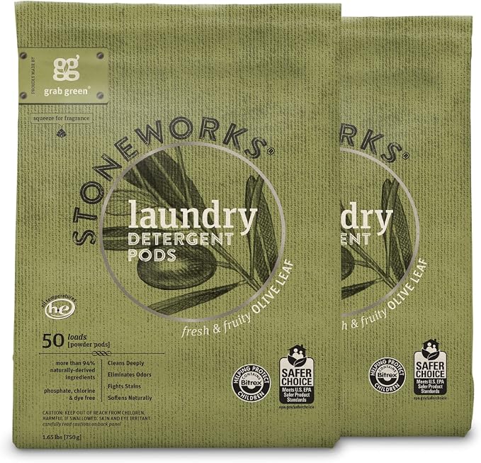 Grab Green Stoneworks Laundry Detergent Pods, 100 Count, Olive Leaf | EPA Safer Choice; Plant & Mineral-Based; Fights stains; Eliminates odors; Softens naturally; No Harsh Chemicals