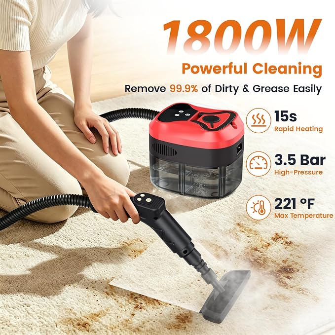 Handheld Steam Cleaner, 6-Level Adjustable Handle, 15s Heat-Up, 1800W High-Pressure Steamer for Cleaning with 1.6L Large Tank, Portable Steam Cleaner for Home, Car, Grout, Couch, Floor (Red)