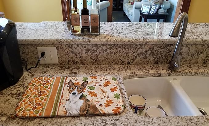 Caroline's Treasures Brindle and White Basenji Heirloom Fall Dish Drying Mat Absorbent Dish Drying Mat Pad for Kitchen Counter Dish Drainer Mat for Countertop, 14 x 21", Multicolor