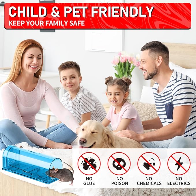 LULUCATCH Humane Mouse Traps 2 Pack | Live No Touch Catch and Release No Kill Rodent Traps | Reusable with Cleaning Brush | Pet Safe Indoor Outdoor for Mice, Rats, Chipmunks, Voles, Blue