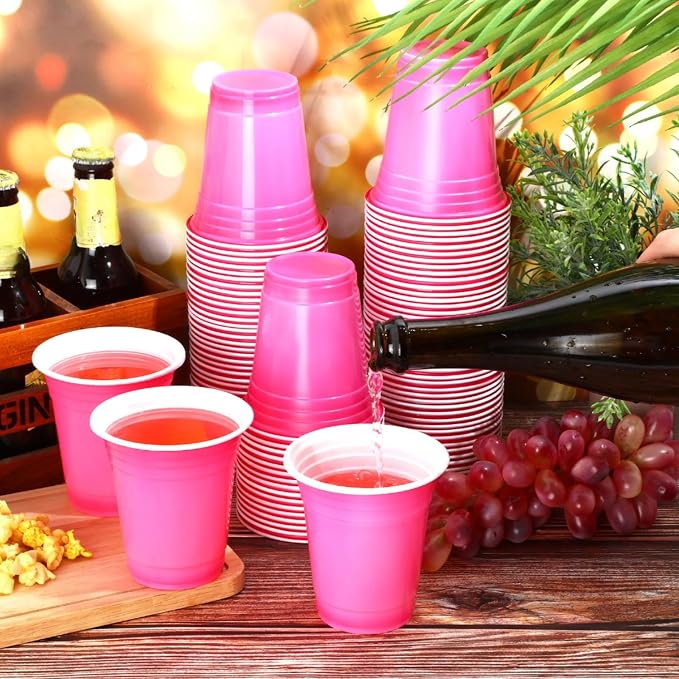 Sabary 100 Pack 12oz Plastic Cups Pink Wedding Heavy Duty Drinking Disposable Cups with Lines for Beverage Graduation Holiday Camping Barbecues Birthday Party Summer Outdoor Picnic(Pink and White)