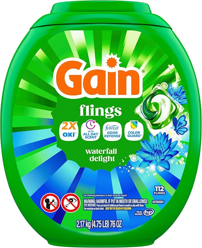 Gain Flings Liquid Washing Detergent Pacs, Now with Odor Defense + Color Guard, Waterfall Delight Scent, 4-In-1 Liquid Laundry Detergent Pods, Clean & Fresh, 112 Count (Packaging May Vary)