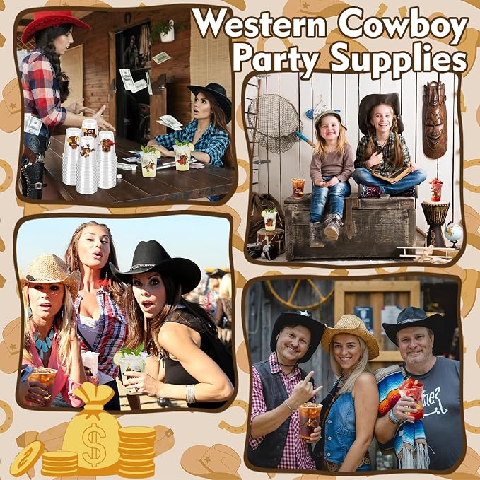 100Pcs Western Cowboy Plastic Party Cups, 12oz Cowboy Party Disposable Clear Cups for Western Parties, Birthday, Baby Shower Drinking Cups, Rodeo Party Favors (2 Styles)
