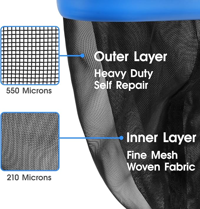 TidyMister Upgraded Full Double Layer Pool Net Rake,17.5'' - Outer Heavy Duty Self-Repair Net & Inner Fine Mesh Net for Particle Debris, Above Ground & In-ground Swimming Pools, No Poles